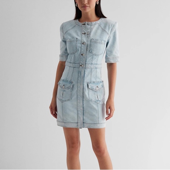 NWT Express Denim Padded Shoulder Mini Dress - Picture 2 of 6